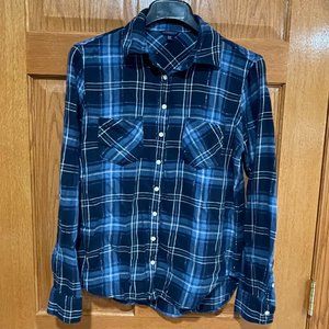 AEROPOSTALE Women’s M Thin Flannel Blue Plaid Long Sleeve Button Down Shirt EUC